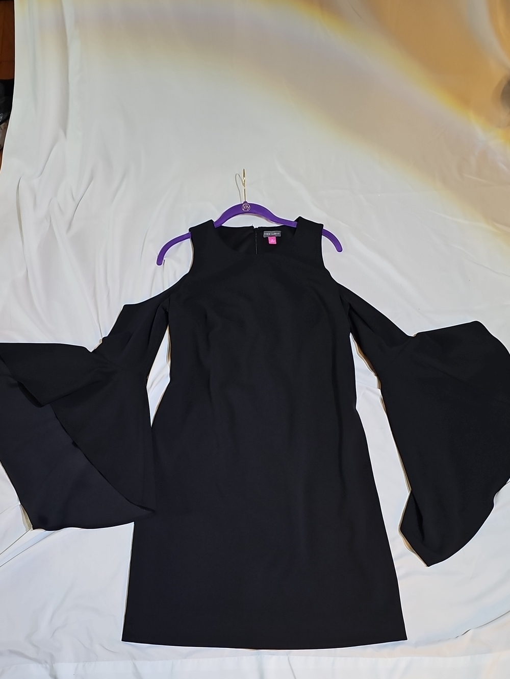 Vince Camuto Black Cold-Shoulder Dress with Fluted Bell Sleeves